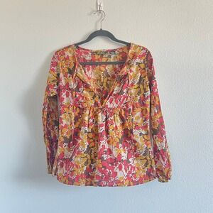 Eddie Bauer Floral Empire Waist Long-Sleeve Cotton Blouse PXS Boho Prairie Chic